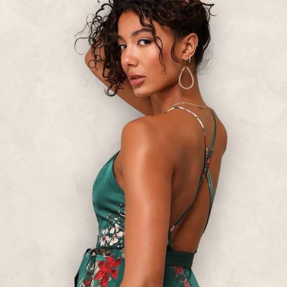 NWT Lulus Still the One Emerald Green Floral Print Satin Maxi Dress. XL #1553 - Picture 6 of 10